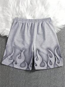 Manfinity Roghcode 宽松版型男士火焰与字母图案印花灰色短裤，足球风格，腰部抽绳，男士街头潮流短裤，男士图案短裤，男士休闲短裤，运动短裤 - 灰色 - 查看 2