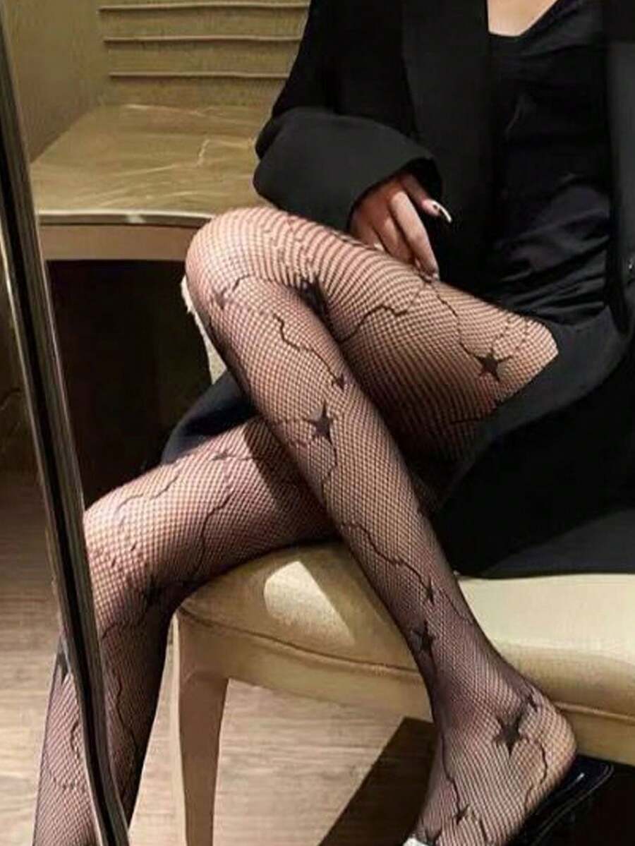 Goth 1pair Women Star Pattern Fishnet Tights - Black - View 1