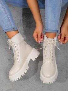 1.秋冬毛领保暖防滑靴女厚底休闲百搭踝靴系带蓬松内衬女靴时尚加厚雪地靴 - 白色 - 查看 3