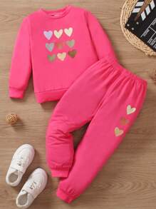 Young Girl Heart Print Sweatshirt & Sweatpants