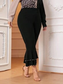 Modelyn Plus Pearls Beaded Detail Flare Leg Pants - Black - View 3