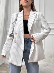 SHEIN Unity Striped Print Double Breasted Blazer - White - View 5