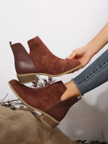 女士時尚棕色低跟短靴帶側拉鍊設計和尖頭 - 棕色 - 查看 1