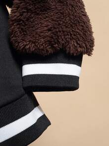 Tween Boy Bear Embroidery Striped Trim Drop Shoulder Varsity Jacket Without Sweatshirt - Black - View 4