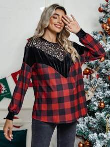 SHEIN Maternity Buffalo Plaid Print Contrast Sequin Drop Shoulder Sweatshirt, For Winter
