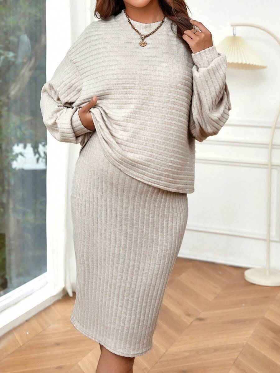 SHEIN Maternity Solid Drop Shoulder Tee & Skirt - Apricot - View 1