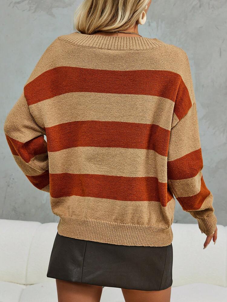 Color Block Off Shoulder Knot Front Drop Shoulder Knit Pullover Fall Winter Sweater
