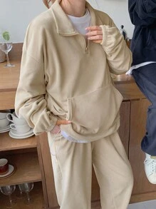 DAZY Half Zip Kangaroo Pocket Drop Shoulder Sweatshirt Without Tee - Apricot - View 1