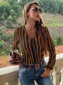 EMERY ROSE 条纹印花纽扣前开襟女式衬衫 - 彩色 - 查看 6