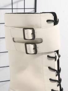 SHUZIA 人造皮革帶扣細節溝紋鞋底馬丁靴 - 米色 - 查看 4