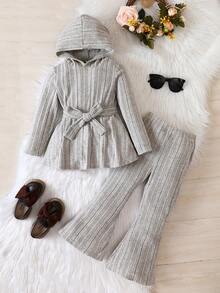 SHEIN 女小童連帽腰帶T恤&喇叭褲 - 灰色 - 查看 3