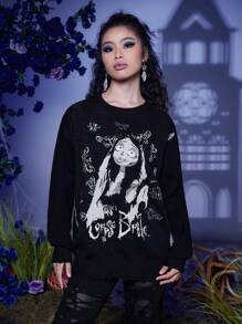 Corpse Bride | ROMWE 字母人像和蝴蝶樣式落肩袖套頭毛衣 - 黑色 - 查看 4