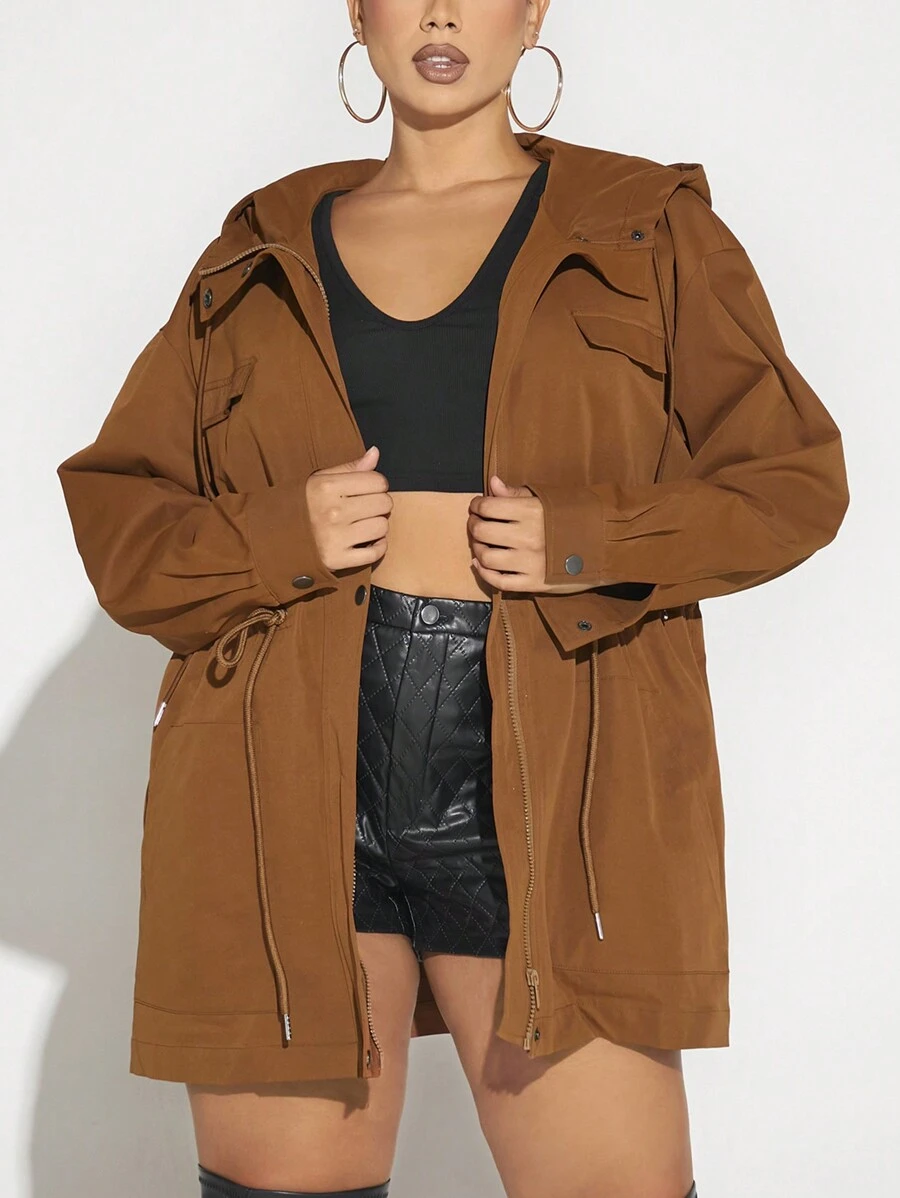 SHEIN SXY 大碼翻蓋口袋腰部抽繩拉鏈開襟連帽外套 - 棕色 - 查看 1