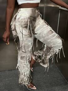 Slaydiva Tie Dye Fringe Trim Pants - Khaki - View 6