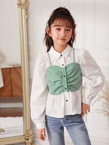 SHEIN Cô gái Tween Viền mặt trước 2 trong1 Áo sơ mi - màu xanh lá - Xem 4