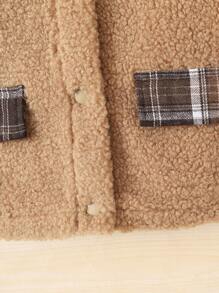 SHEIN Young Girl Plaid Print Contrast Collar Jacket & Pleated Skirt & Hat - Brown - View 4