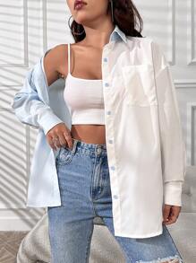 SHEIN Unity 雙色落肩袖口袋貼布襯衫 - 白色 - 查看 4