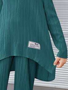 SHEIN Tween Girl Letter Patched Detail High Low Hem Tee & Pants - Blue - View 6