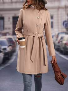 SHEIN LUNE Solid Button Front Belted Overcoat - Khaki - View 6