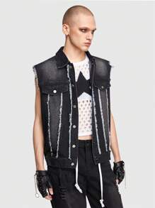 ROMWE MEN Grunge Punk 男士毛邊緣翻蓋細節馬甲牛仔夾克 - 黑色 - 查看 5