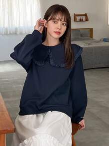FRIFUL Frill Trim Statement Collar Sweatshirt - Navy Blue - View 6