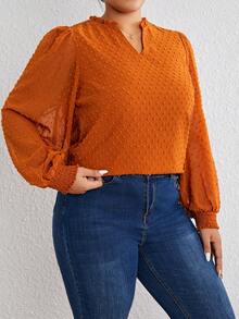 SHEIN Privé Plus Swiss Dot Lantern Sleeve Blouse - Brown - View 6