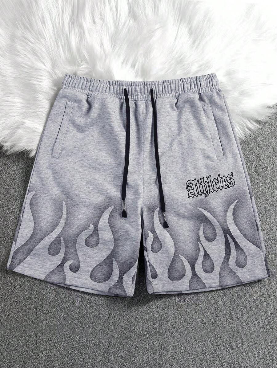 Manfinity Roghcode 宽松版型男士火焰与字母图案印花灰色短裤，足球风格，腰部抽绳，男士街头潮流短裤，男士图案短裤，男士休闲短裤，运动短裤 - 灰色 - 查看 1