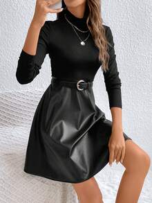 SHEIN Frenchy 素色小高領A字洋裝不附腰帶 - 黑色 - 查看 6