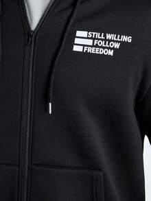 Manfinity Homme Men Plus Slogan Graphic Zip Up Dây rút Áo hoodie - màu đen - Xem 4