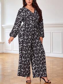 SHEIN Clasi Plus Ditsy Floral Print Lantern Sleeve Belted Wide Leg Jumpsuit - Multicolor - View 4