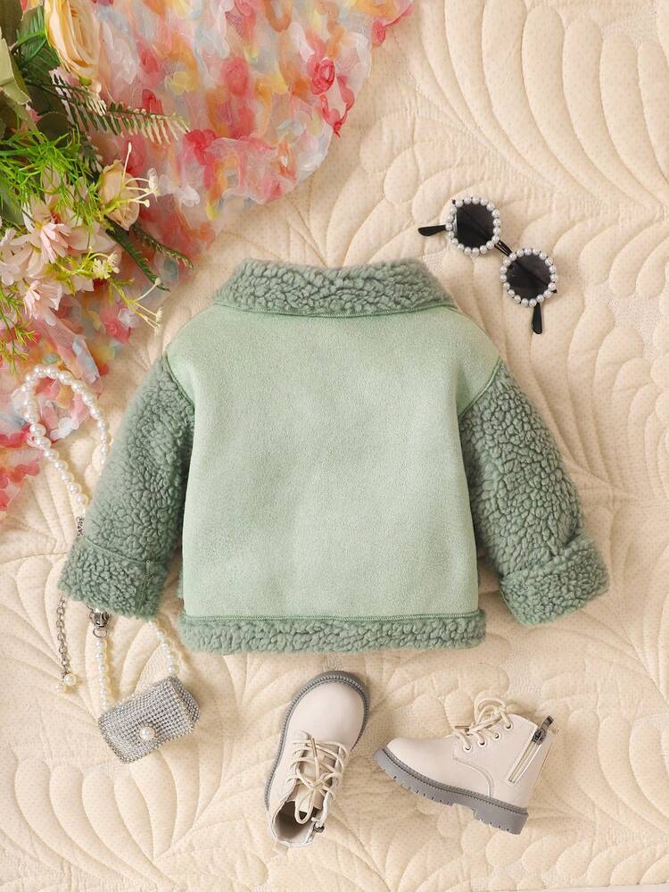 Girls Baby Double Breasted Teddy Lined Double Breasted Dual Pocket Jacket