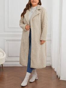 SHEIN LUNE Hơn Cổ áo Túi Kép Mở Mặt trước Áo khoác Teddy - Màu be - Xem 5