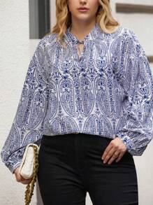 Flirla Plus Allover Print Tie Neck Lantern Sleeve Blouse