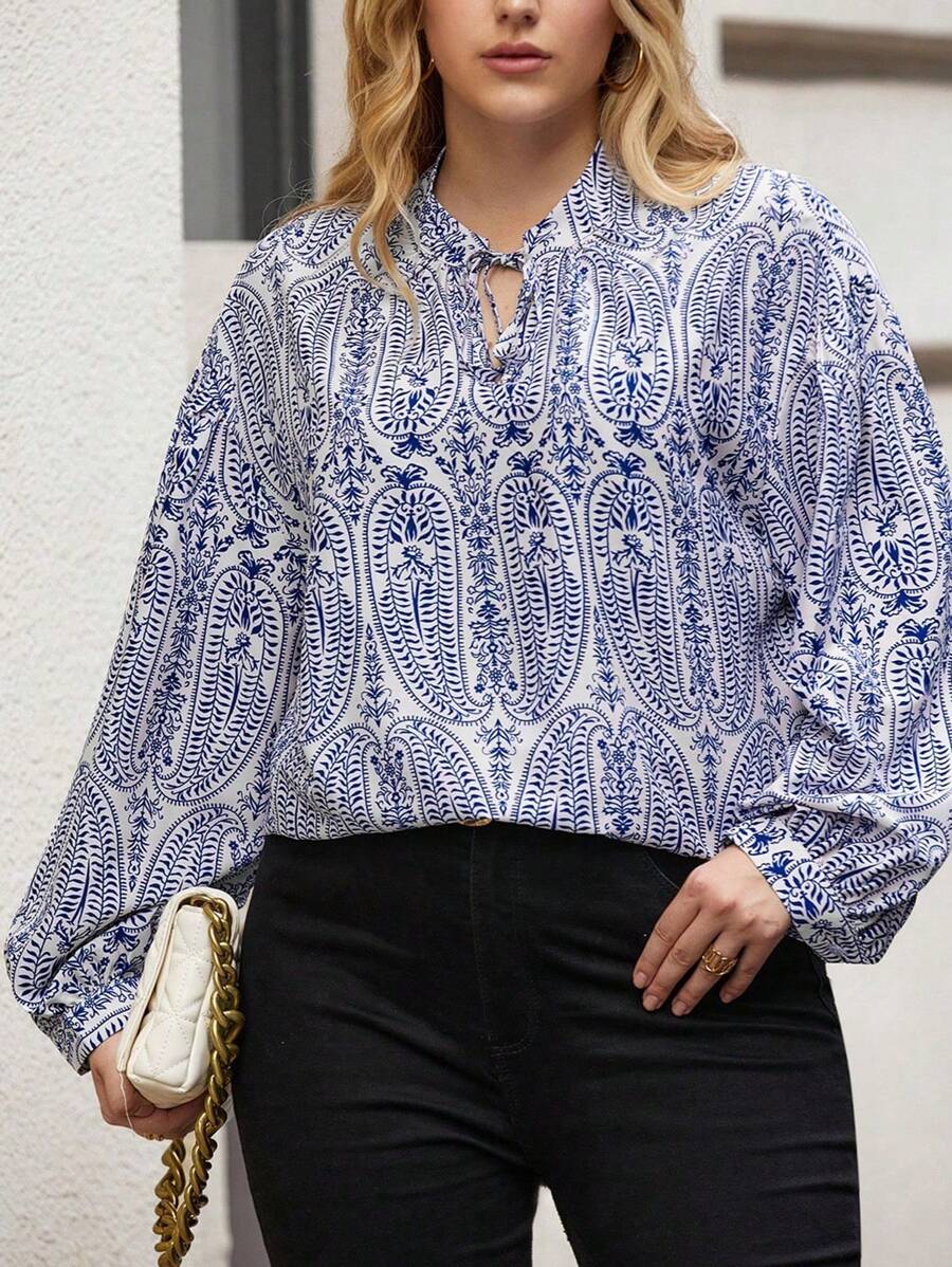 Flirla Plus Allover Print Tie Neck Lantern Sleeve Blouse