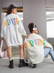 Teen Girl Letter Graphic Drop Shoulder Sweatshirt - White - View 4