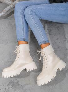 1.秋冬毛领保暖防滑靴女厚底休闲百搭踝靴系带蓬松内衬女靴时尚加厚雪地靴 - 白色 - 查看 5