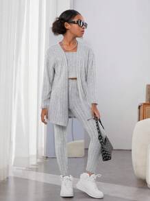 SHEIN Leap Crew Tween Girl Open Front Coat & Cami Top & Leggings - Light Grey - View 3