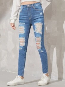 SHEIN Teen Girl Ripped Raw Hem Jeans - Medium Wash - View 1
