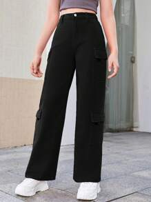 SHEIN 少女三層口式口袋側面插袋裝扣牛仔褲 - 黑色 - 查看 6