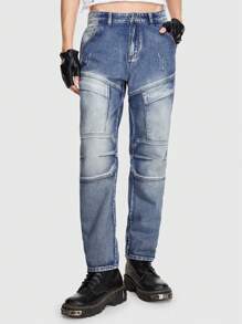 ROMWE MEN Grunge Punk Guys Flap Pocket Side Cargo Jeans - Blue and White - View 5