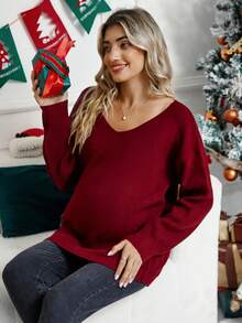 SHEIN Áo len trễ vai cổ chữ V dành cho bà bầu - Màu Đỏ Sâu - Xem 5