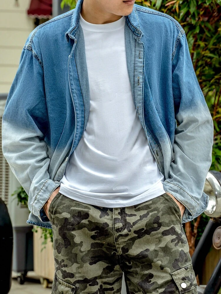 Men's Ombre Button Front Extra-Oversized Denim Shirt Without T-Shirt