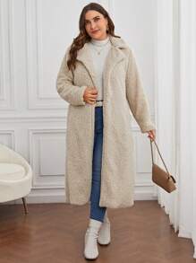 SHEIN LUNE Hơn Cổ áo Túi Kép Mở Mặt trước Áo khoác Teddy - Màu be - Xem 3