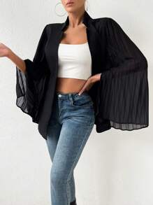SHEIN LUNE Pleated Cloak Sleeve Open Front Blazer Without Belt - Black - View 7