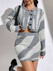 SHEIN Unity Graphic Pattern Drop Shoulder Cardigan & Knit Skirt - Grey - View 1