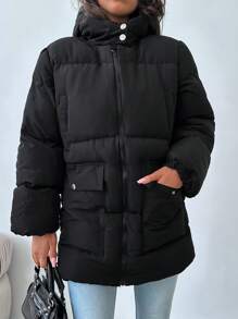 SHEIN Cottnline Flap Pocket Zip Up Puffer Coat - Black - View 1