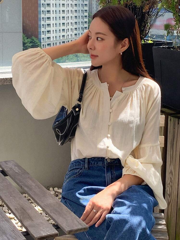 DAZY Women's Loose Fit Cardigan, Business Casual, School Uniform Style Shirt Long Sleeve Top - Beige - View 3