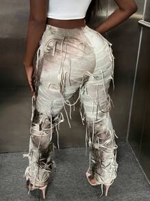 Slaydiva Tie Dye Fringe Trim Pants - Khaki - View 2