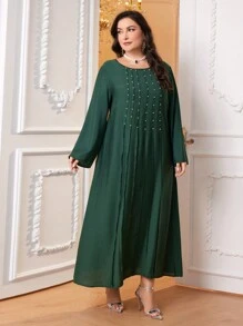 Al Najma Plus Pearls Beaded Sequin Detail Tunic Dress - Dark Green - View 5