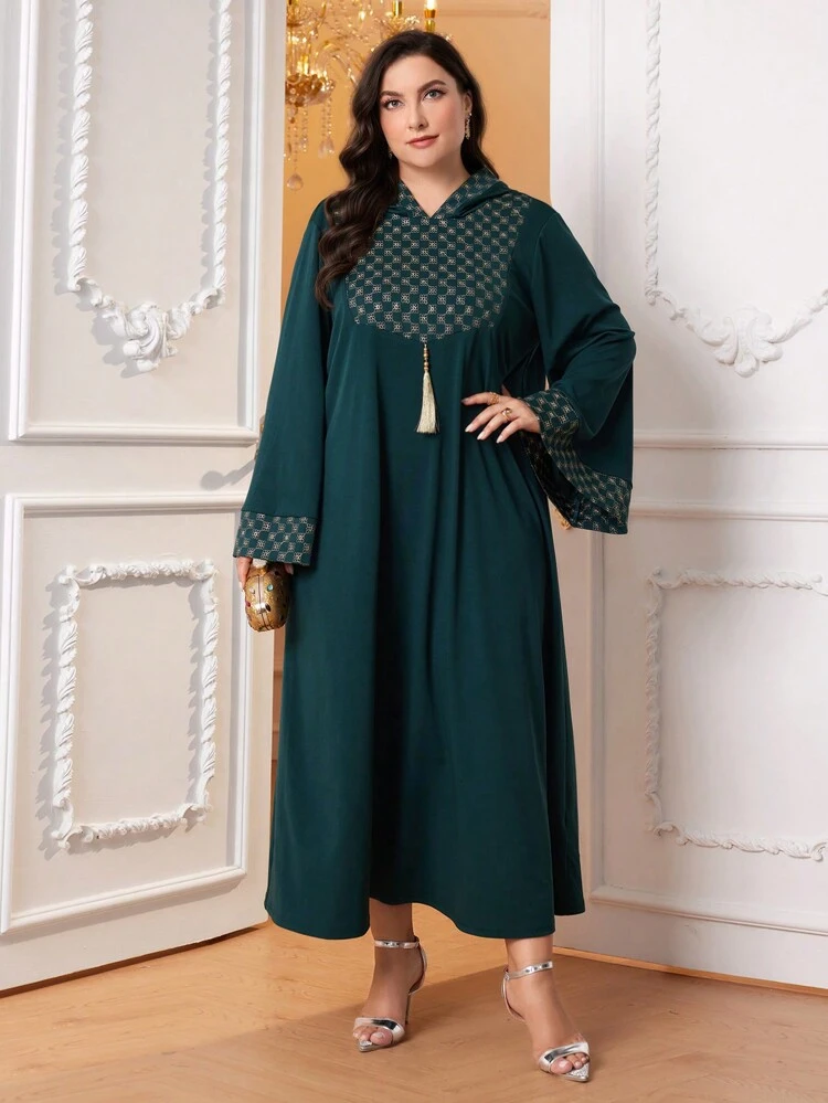 Plus Gold Geo Print Tassel Detail Hooded Dress Kaftan Jalabiya Dress